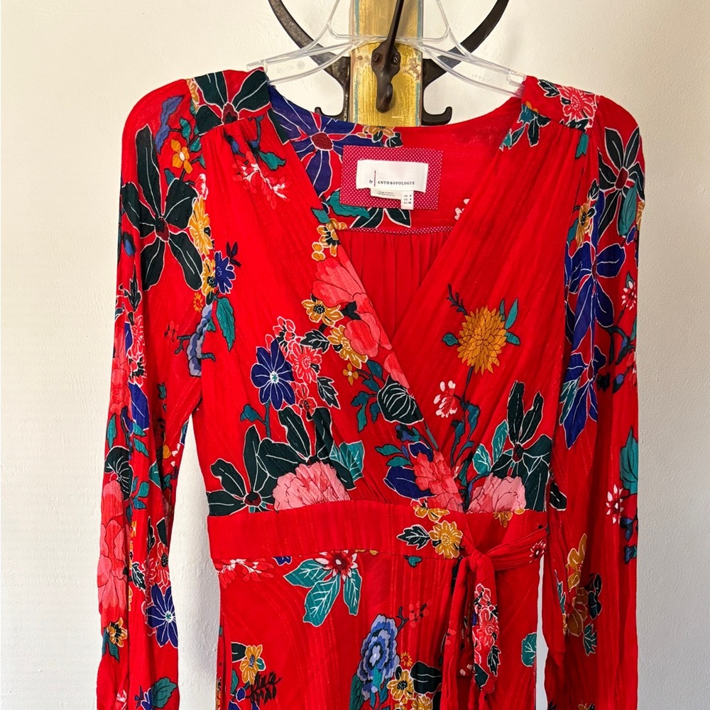 Anthropologie Womens Sz 8 Red Floral Textured Wrap Tunic Dress